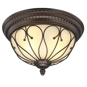 15.29 in. 2-Light Old Bronze Ceiling Light Hallway Interior Flush Mount with Frosted Glass