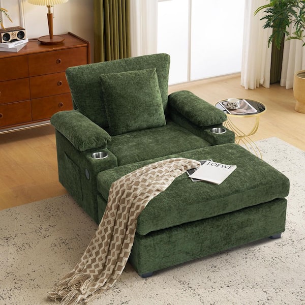Harper & Bright Designs Oversized Green 38.6 in. Chenille Chaise Lounge with Charge Station, Cup Holders, Side Pockets, Flip-Top Storage Boxes
