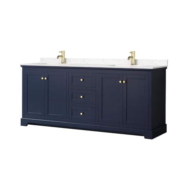 Wyndham Collection Avery 80in.Wx22 in.D Double Vanity in Dark Blue with Cultured Marble Vanity Top in Light-Vein Carrara with White Basins