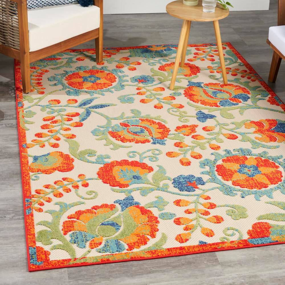 Aloha Red Multicolor Floral Synthetic Outdoor Rug 5'3" x 7'5"