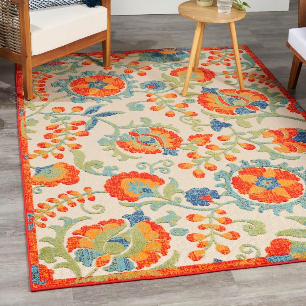 Aloha Red Multicolor Floral Synthetic Outdoor Rug 5'3" x 7'5"
