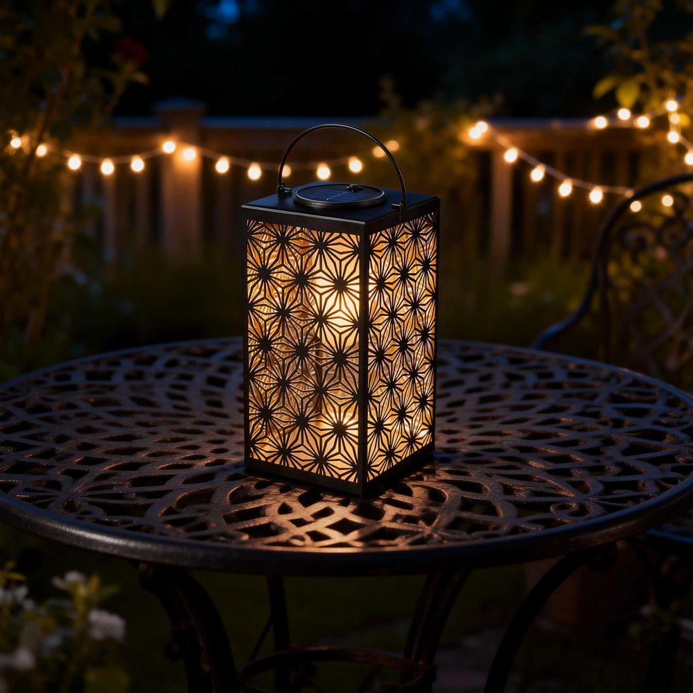 PF×LOV×GRINDLODGE LANTERN SLEEVE Glitzhome 11 in. H Black Metal Cutout Pattern Solar Powered