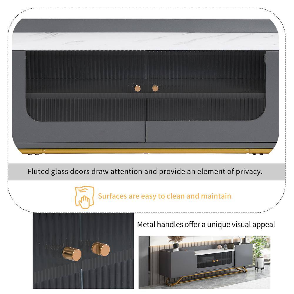 Gray Modern TV Stand with Fluted Glass, Faux Marble Top, and Gold Frame Base