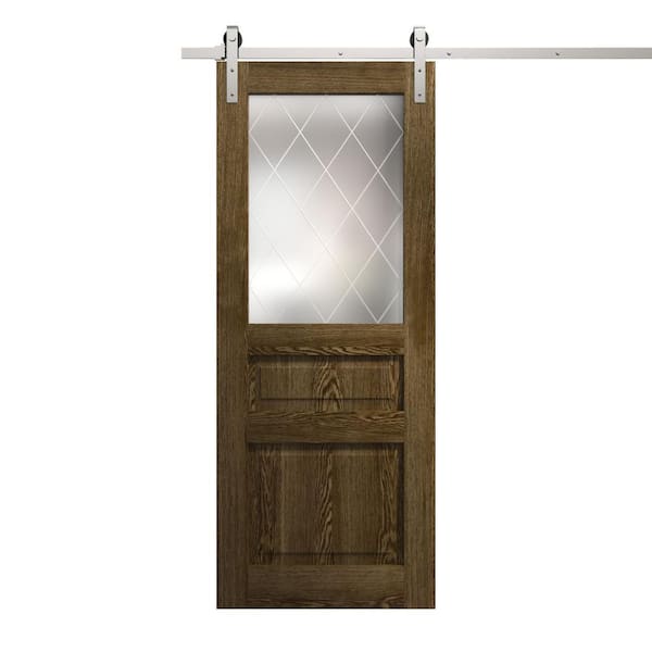 Sartodoors 36 in. x 84 in. Frosted Glass Marble Oak Solid Wood Single Barn Door Slab With Hardware