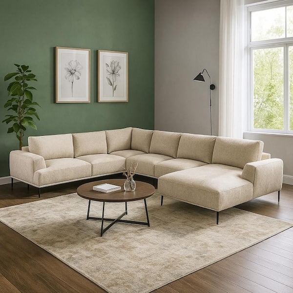 Batty 147 in. Recessed Arms 5-Piece Chenille U-Shaped Sectional Sofa in. Light Brown and Black