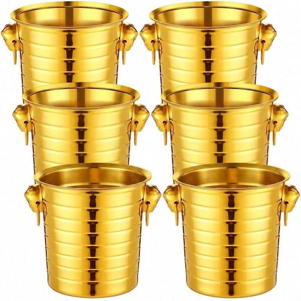 6-Pack 3 Qt Double-Wall Stainless Steel Champagne Ice Bucket with Tiger Head Handles for Parties, Gold