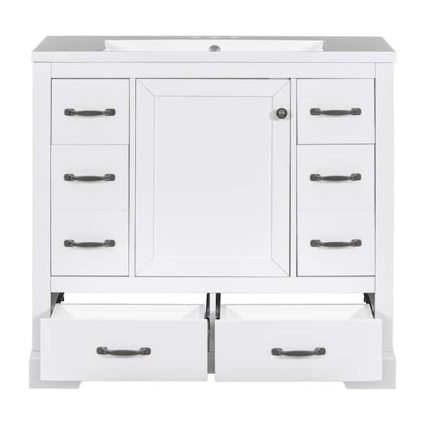 Unbranded 35 in. W x 18 in. D x 34.2 in. H Freestanding Bath Vanity in White with White Ceramic top with 6-Drawers