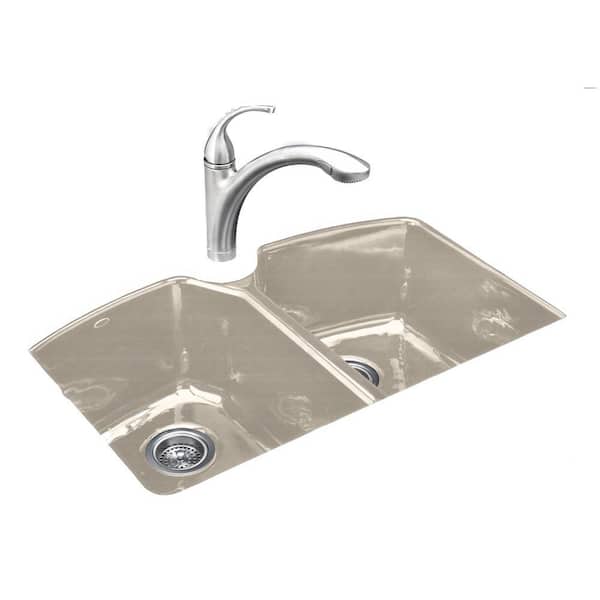 KOHLER Tanager Undermount Cast Iron 33 in. 3-Hole Double Bowl Kitchen Sink in Cane Sugar