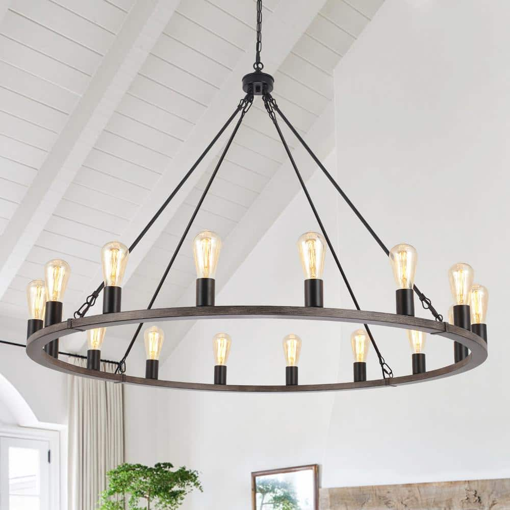 LWYTJO 16-Light Black and Wood Grain Wagon Wheel Rustic Dimmable Linear ...