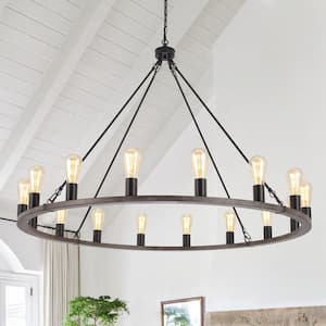 16-Light Black and Wood Grain Wagon Wheel Rustic Dimmable Linear Chandelier with No Bulbs Included