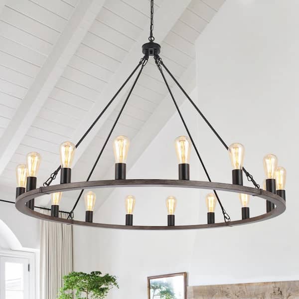 LWYTJO 16-Light Black and Wood Grain Wagon Wheel Rustic Dimmable Linear Chandelier with No Bulbs Included