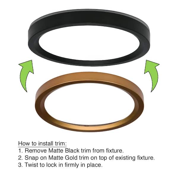 7.5 in. Matte Black Matte Gold Trims Round LED Flush Mount Ceiling Light Night Light 840LM 12W Adjustable CCT (4-Pack)