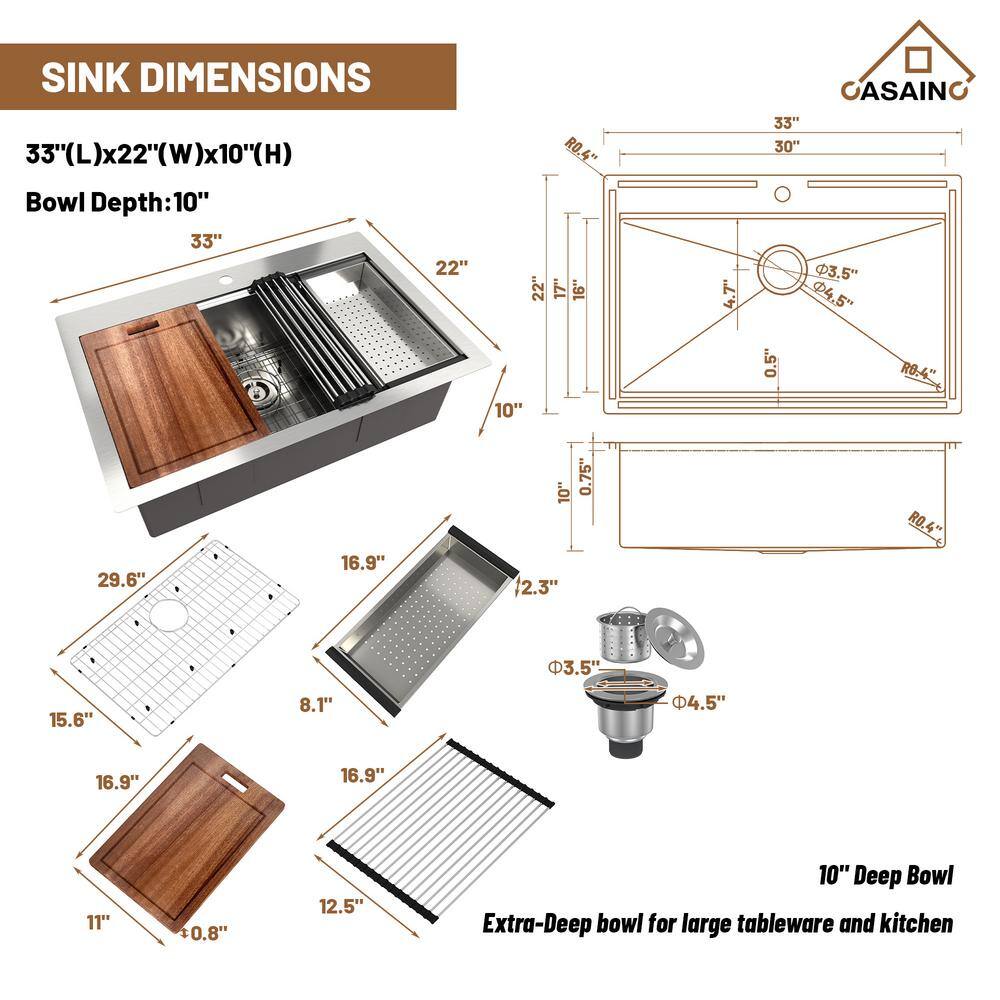 33'' Brushed Stainless Steel Single Bowl Workstation Kitchen Sink