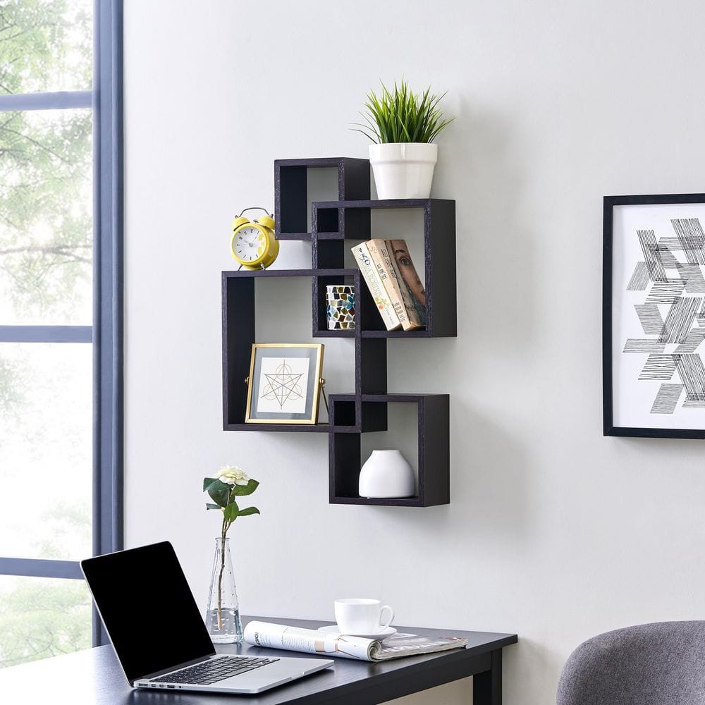 14'' Black Wood Intersecting Cube Floating Wall Shelf