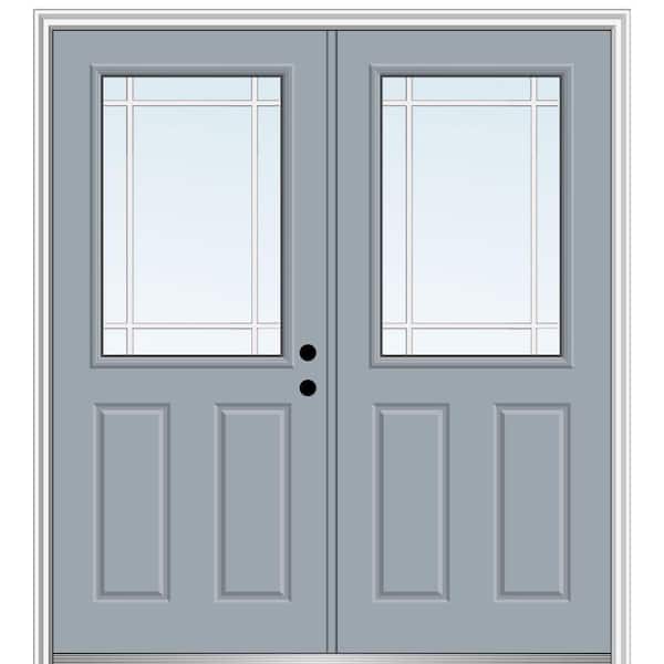 MMI Door 64 in. x 80 in. Prairie Internal Muntins Left-Hand Inswing 1/2-Lite Clear Painted Fiberglass Smooth Prehung Front Door