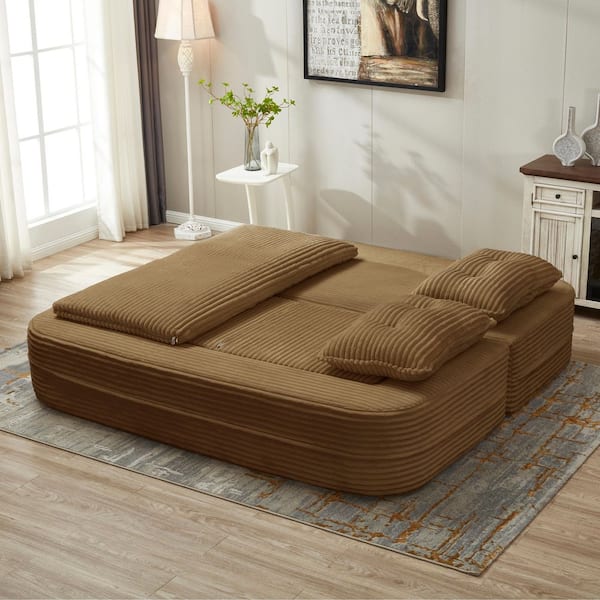 80 in. Convertible Corduroy Sleeper Sofa Bed Sectional Sofa in Camel w/ Independent Chaise Lounge, Dual-Purpose Blanket