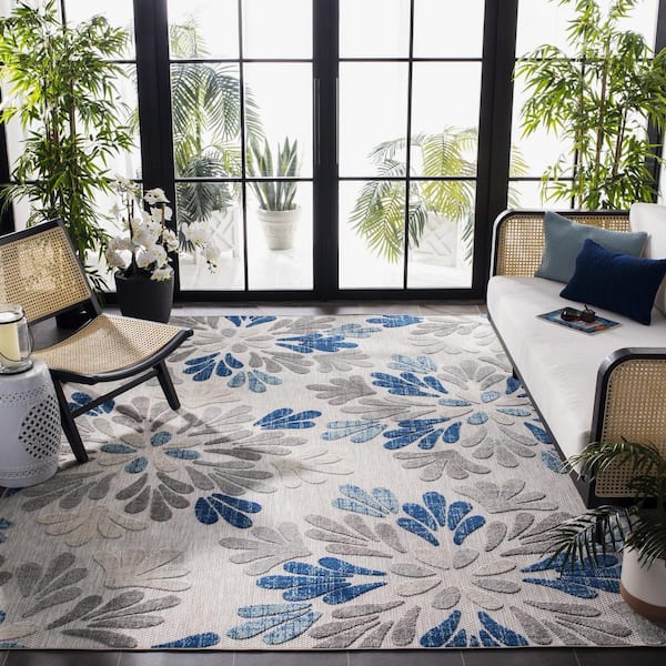 Cabana Gray/Blue 7 ft. x 7 ft. Geometric Floral Indoor/Outdoor Patio  Square Area Rug