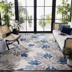 Cabana Gray/Blue 8 ft. x 8 ft. Geometric Floral Indoor/Outdoor Patio  Square Area Rug