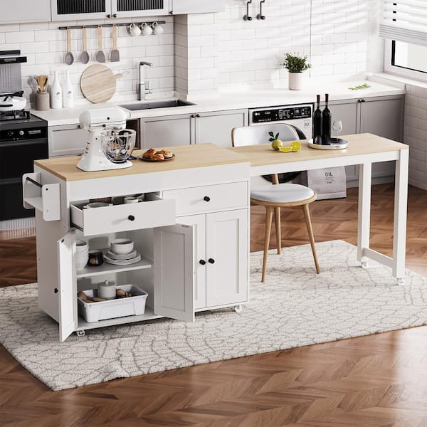 Harper & Bright Designs White Wood 74.5 in. Kitchen Island with Extendable Dining Table, Kitchen Cart with 4 Door Cabinet, Spice Rack, 2 Drawers