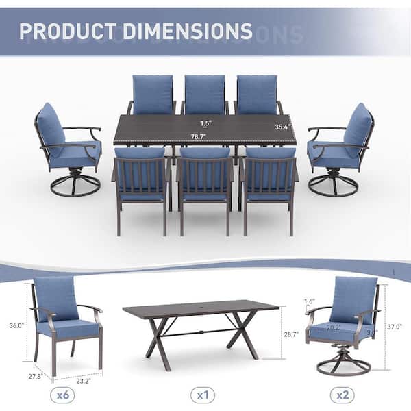 9-Piece Metal Patio Outdoor Dining Set with 2 Swivel Chairs, 6 Chairs, Large Table, Umbrella Hole and Navy Blue Cushions