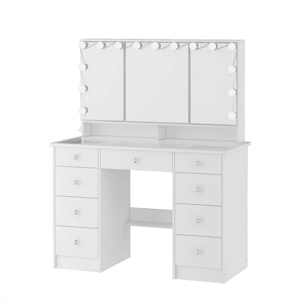 White Makeup Vanity Desk 9 Drawers Wood Dressing Table With 3 LED Bulb Light Mirrors, Glass Top, Hidden Storage Shelves