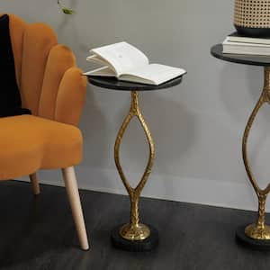 13 in. Gold Pedestal Base Large Round Marble End Table with Black Marble Top