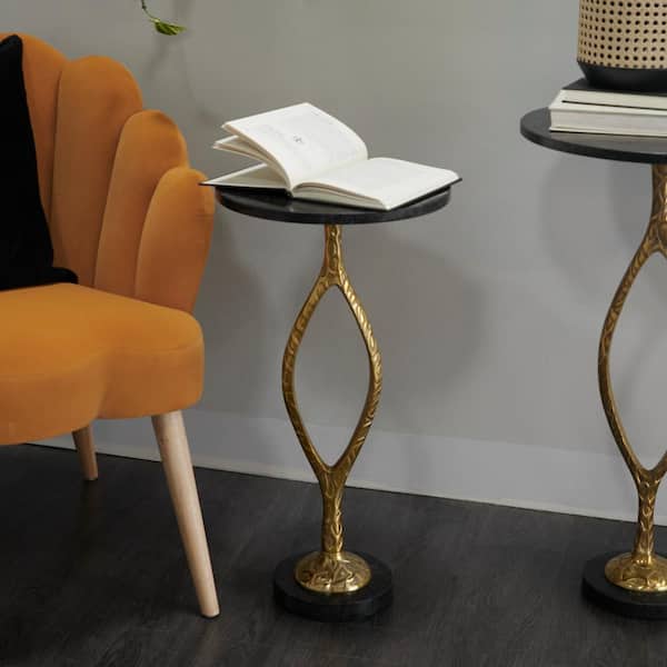 Litton Lane 13 in. Gold Pedestal Base Large Round Marble End Table with Black Marble Top