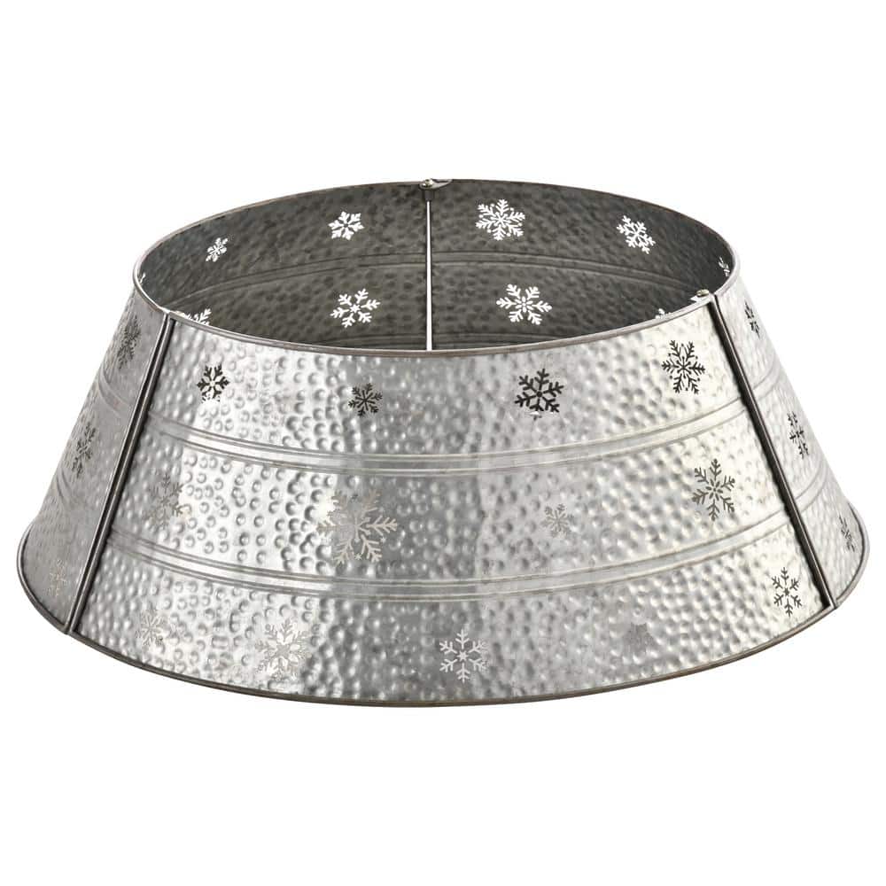 Silver Steel Christmas Tree Collar with Snowflake Print, 26" Base