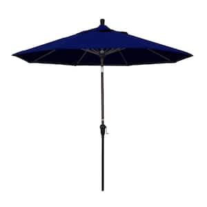 9 ft. Bronze Aluminum Market Auto-tilt Crank Lift Patio Umbrella in True Blue Sunbrella
