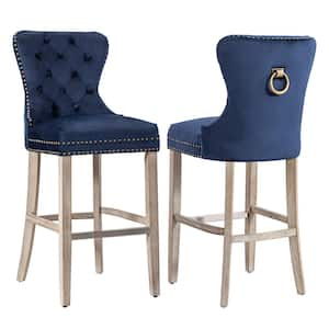 Harper 29 in. Navy Blue Velvet Tufted Wingback Kitchen Counter Bar Stool w/ Solid Wood Frame in Antique Gray (Set of 2)