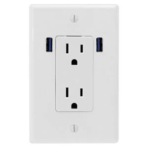 15 Amp Decor Duplex Wall Outlet with 2 Built-in USB Charging Ports - White