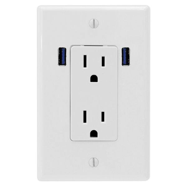 U-Socket 15 Amp Decor Duplex Wall Outlet with 2 Built-in USB Charging Ports - White