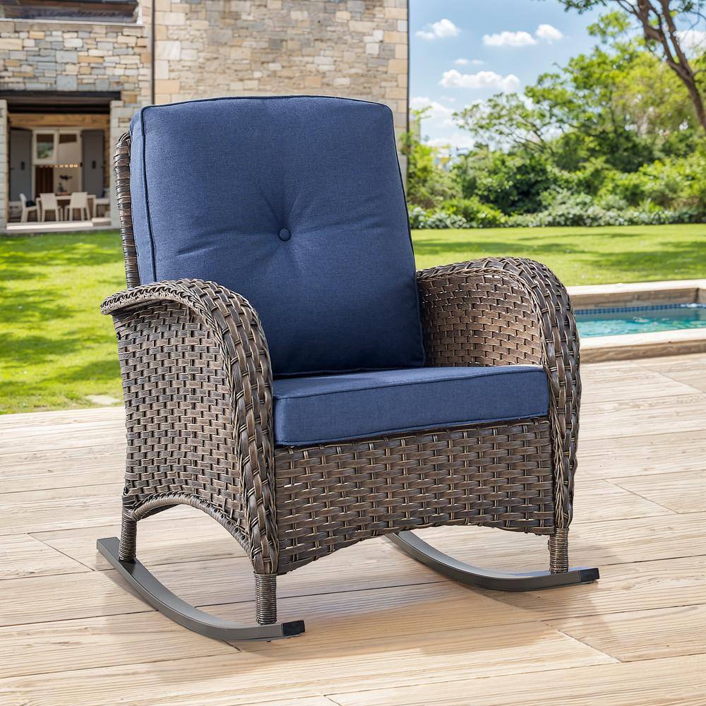 Brown Steel Wicker Rocking Chair with Blue Cushions