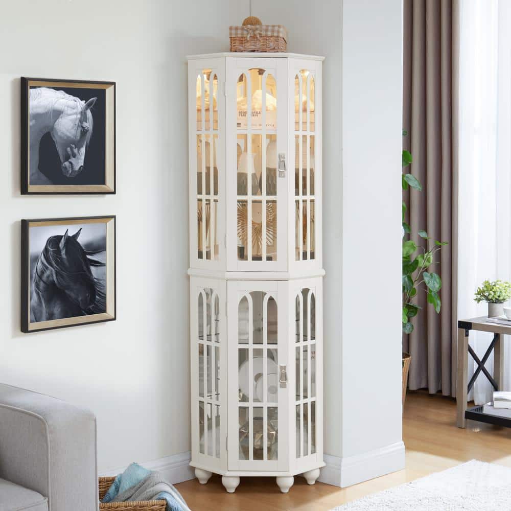 White 70 in. H Corner Curio Cabinet with 4 Adjustable Tempered Glass Shelve