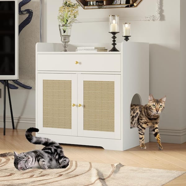 FUFU&GAGA White Large Litter Box Enclosure Storage Cabinet with Drawer, Wooden Hidden Cat Washroom with Sisal Door and 2 Holes