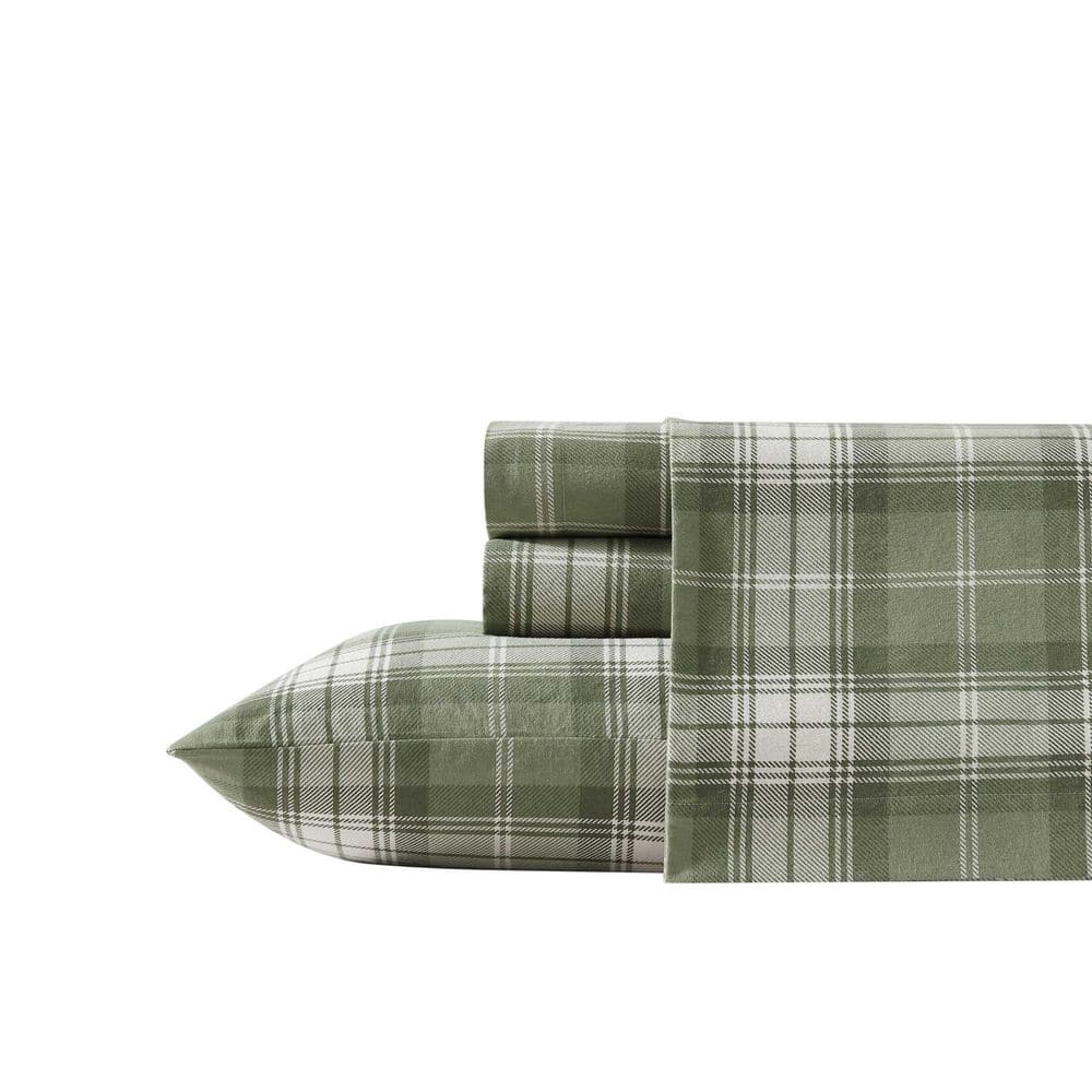 Eddie Bauer Heartland Plaid 4-Piece Green Flannel Cotton Queen