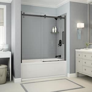 Utile Metro 32 in. x 60 in. x 81 in. Bath and Shower Combo in Ash Grey with New Town Right Drain, Halo Door Matte Black