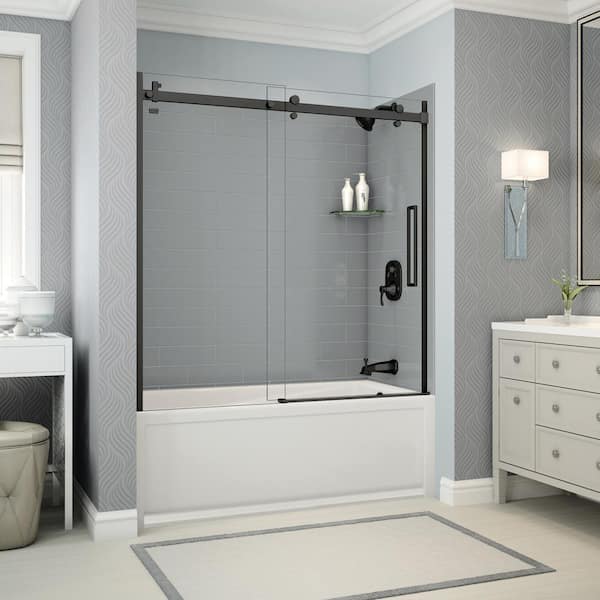 MAAX Utile Metro 32 in. x 60 in. x 81 in. Bath and Shower Combo in Ash Grey with New Town Right Drain, Halo Door Matte Black