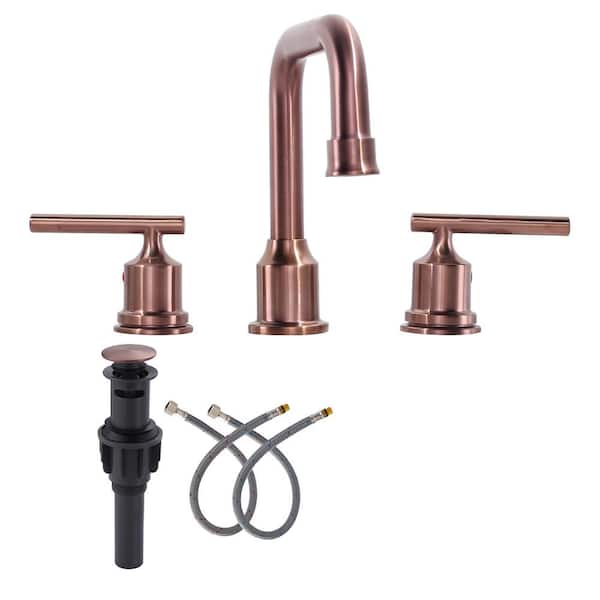 AVITAS 8 in. Widespread 3 Hole Lead-Free Double Handle Bathroom Faucet with Drain Kit and Supply Lines in Rose Gold and Black