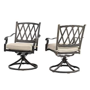 Cast Aluminum Direct-Net Backrest Swivel Dining Chairs with Beige Cushions (Set of 2)