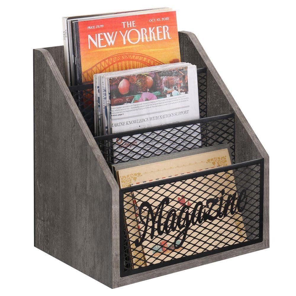 Wooden 3-Tier Stepped Magazine Rack Floor Organizer, Gray