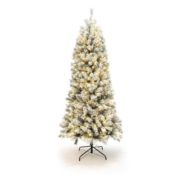 LuxenHome 7 ft. Pre-Lit Snow-Flocked Full Artificial Christmas Tree with Sturdy Metal Stand