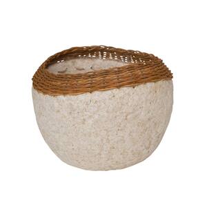 Decorative Handmade Paper Mache Bowl with Wicker Rim, White and Natural