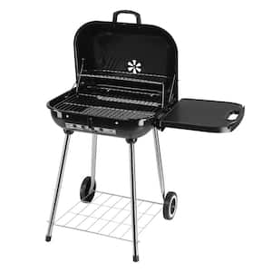 Portable Charcoal Grill in Black with Wheels and Foldable Side Shelf