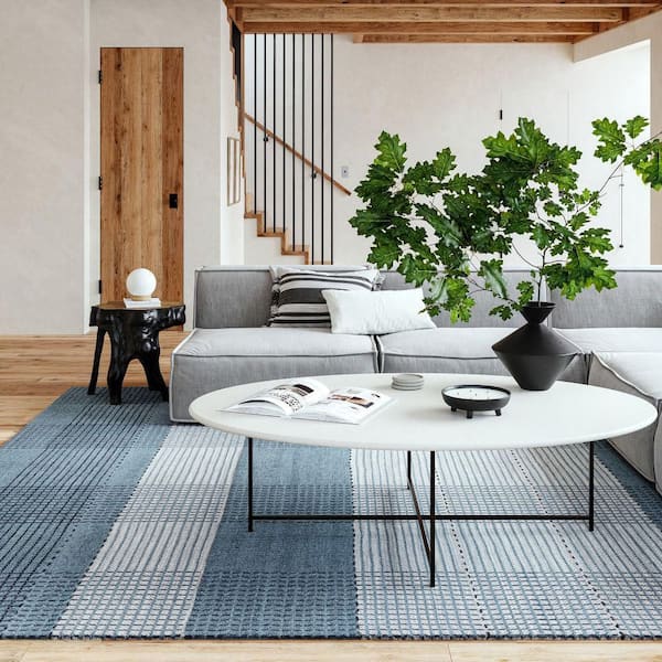 Oregon Plaid Wool Blue 10 ft. x 14 ft. Indoor/Outdoor Patio Rug
