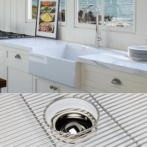 Luxury White Solid Fireclay 26 in. Single Bowl Farmhouse Apron Kitchen Sink with Polished Nickel Accs and Flat Front