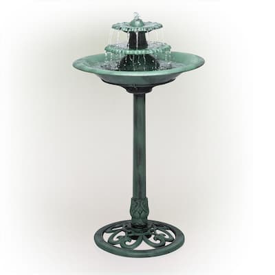 35 in. Tall Outdoor 3-Tiered Pedestal Water Fountain and Birdbath, Green