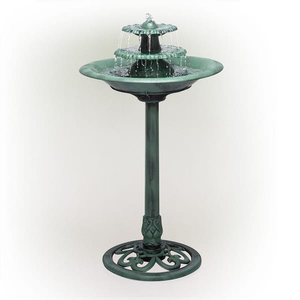 Alpine Corporation 35 in. Tall Outdoor 3-Tiered Pedestal Water Fountain and Birdbath, Green