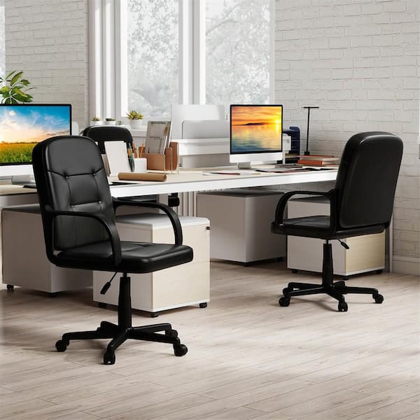 Black PVC Mid-Back Executive Office Chair with Arms Adjustable with Wheels