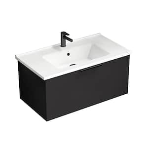 Bodrum 33.46 in. W x 17.72 in. D x 16.14 in . H Wall Mounted Bath Vanity in Matte Black with Vanity Top Basin in White
